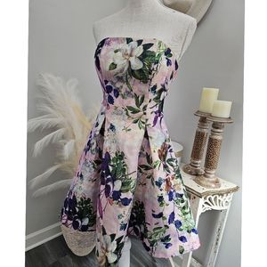 Nicole Miller Strapless Floral Lavander Gold Metallic Flowy Dress